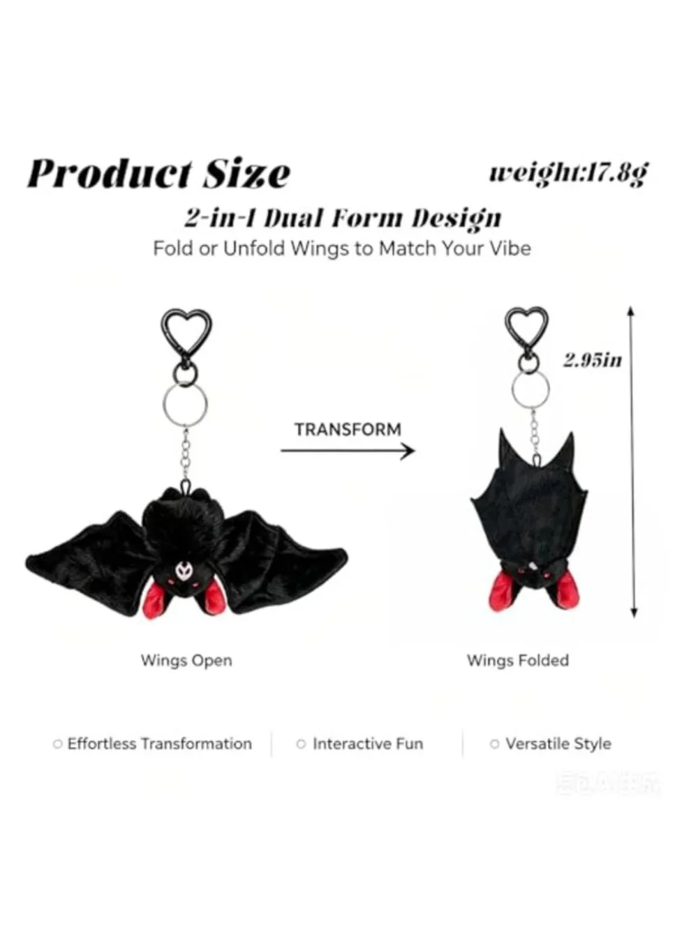Gothic Bat Plush Keychain, Bag Charm with Heart Clip, Dark Aesthetic Accessory